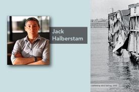 Headshot of a man and image of building falling into the water